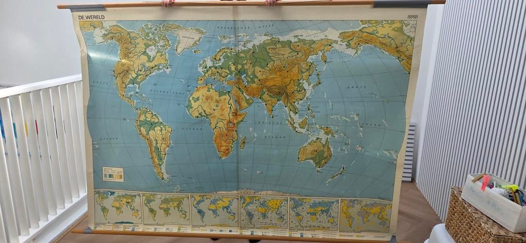 Vintage Schoolkaart Wereld - Grote Oprolbare Landkaart, Boeken, Landkaart, 1800 tot 2000, Wereld, Ophalen
