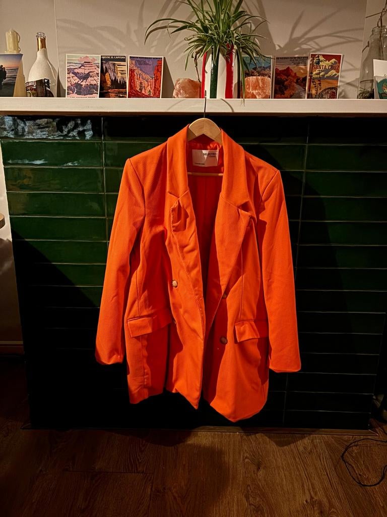 SELECTED FEMME maat38 damespak, blazer + pantalon SLFMYNELLA, Kleding | Dames, Ophalen of Verzenden, Zo goed als nieuw, Oranje