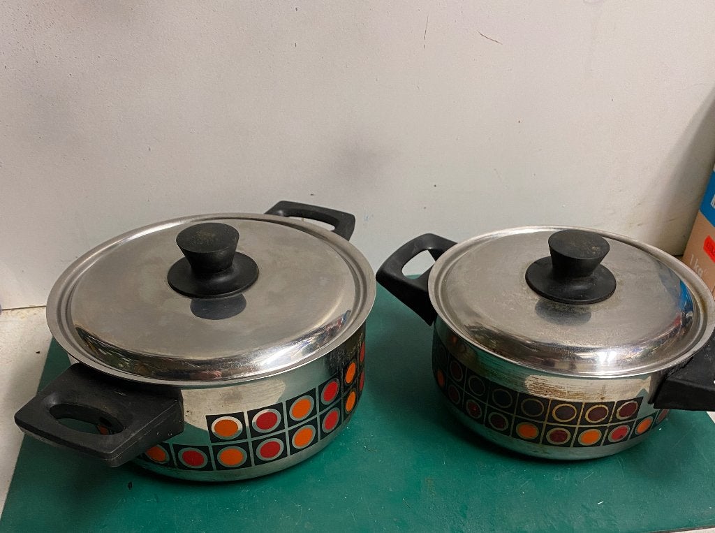 Vintage Pannenset RVS met Retro Design, Huis en Inrichting, Keuken | Potten en Pannen, Gebruikt, Keramische plaat, Pannenset, Ophalen of Verzenden