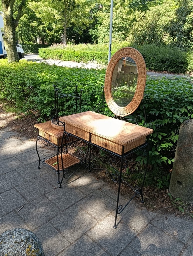 Rotan kaptafel met spiegel, krukje + kastje (zie foto's), Huis en Inrichting, Ophalen, Overige materialen, Gebruikt, 100 tot 150 cm