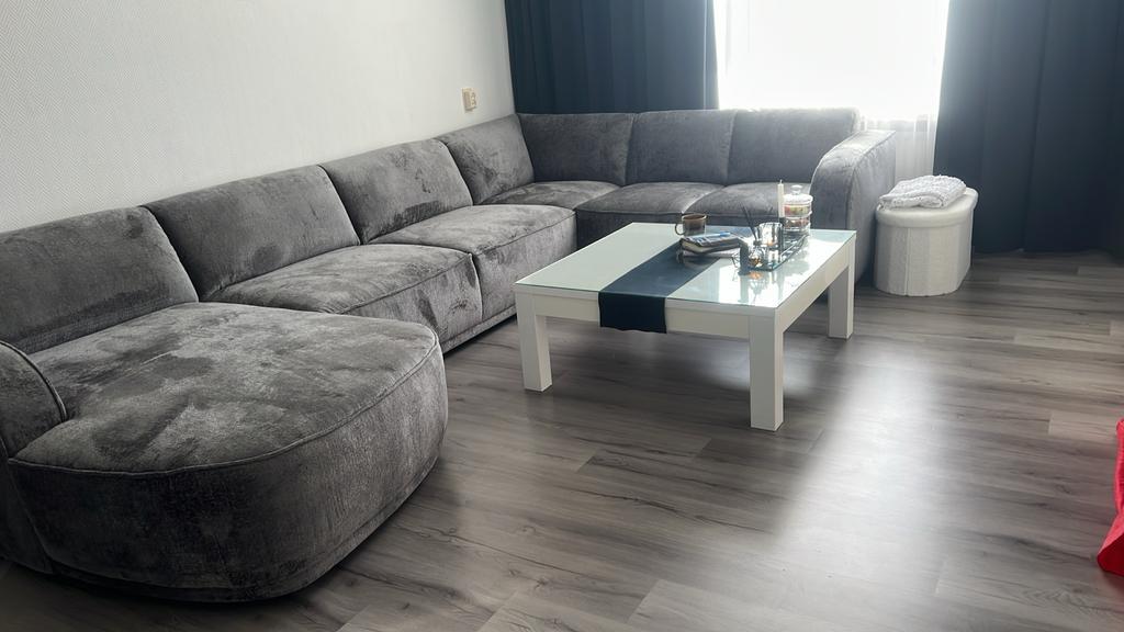 Moderne salontafel en eettafel met glazen blad, Ophalen, Gebruikt, 100 tot 150 cm, 50 tot 100 cm