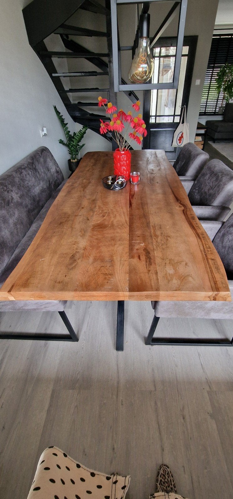 Eetkamertafel 2.20m met 3 stoelen en eetbank, Huis en Inrichting, Tafels | Eettafels, Zo goed als nieuw, 200 cm of meer, Vijf personen of meer