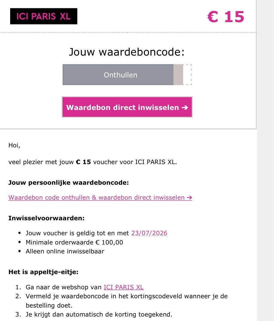 ICI PARIS 15 euro korting, Eén persoon, Kortingsbon, Warenhuis- of Winkelbon