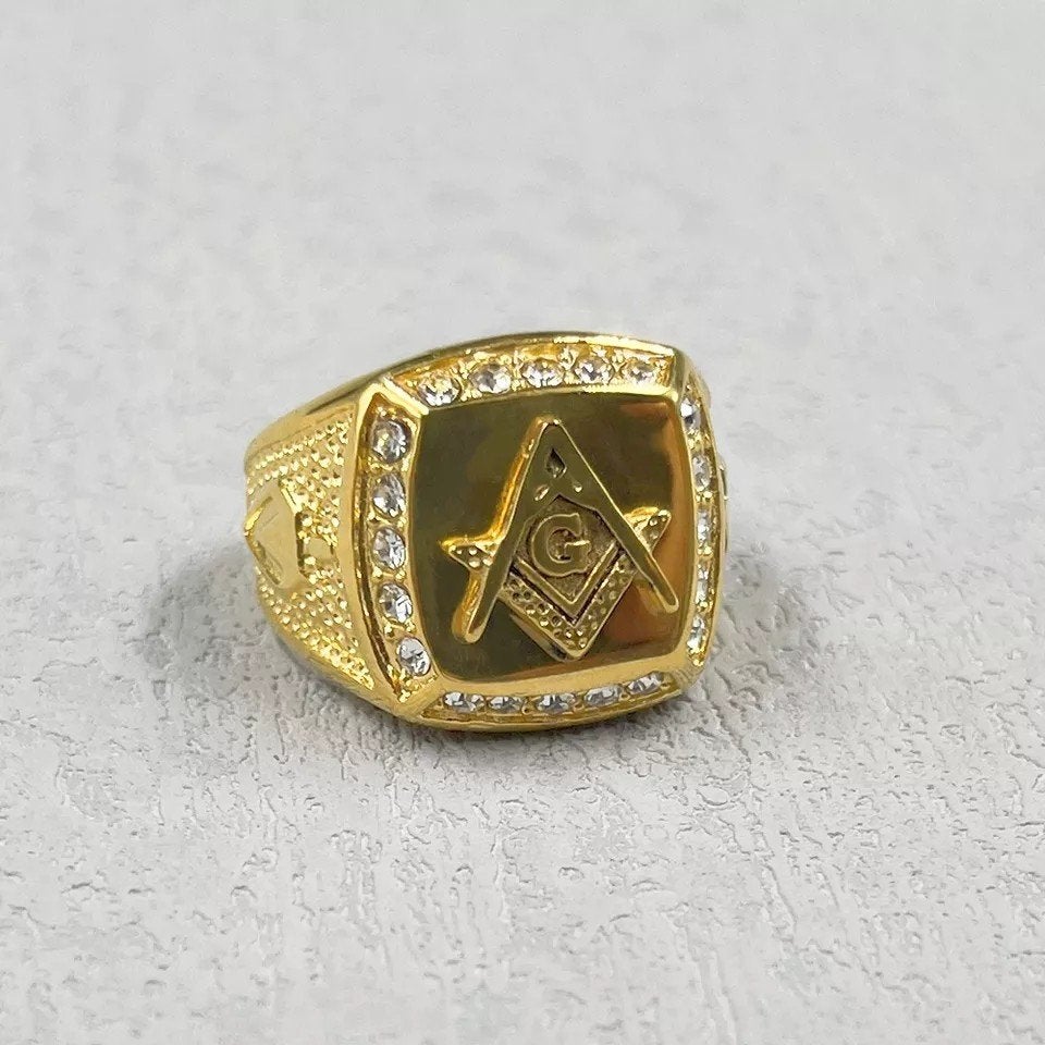 Masonic Ring Goudkleurig met Zirkonia - Vrijmetselaars Ring, Met kristal, Overige materialen, Verzenden, 19 tot 20
