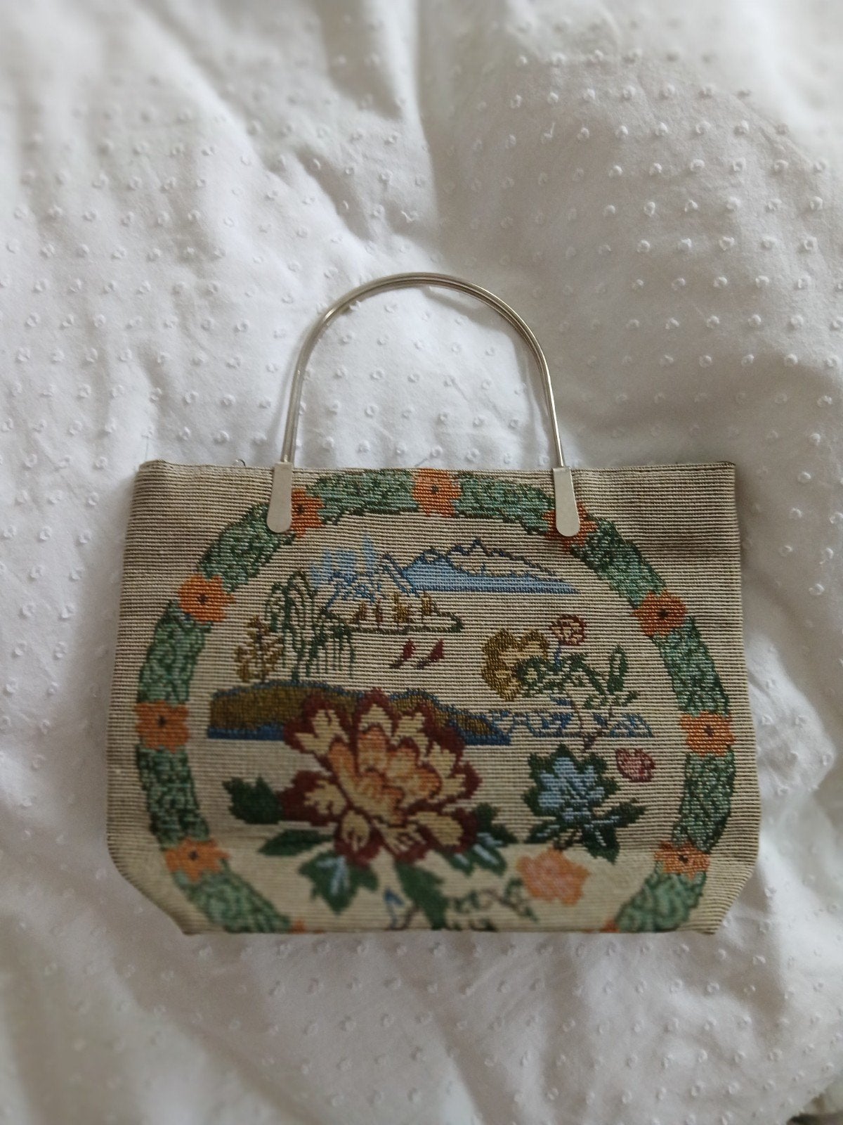 Vintage Gobelin Handtasje met Bloemenpatroon, Ophalen of Verzenden, Zo goed als nieuw, Beige, Handtas