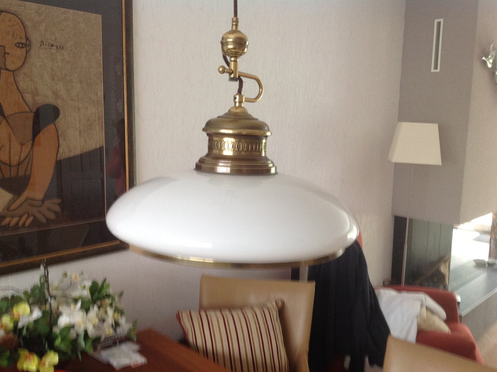 Vintage Frantzen Hanglamp met wit glas en messing., Huis en Inrichting, Ophalen of Verzenden, Zo goed als nieuw, Glas