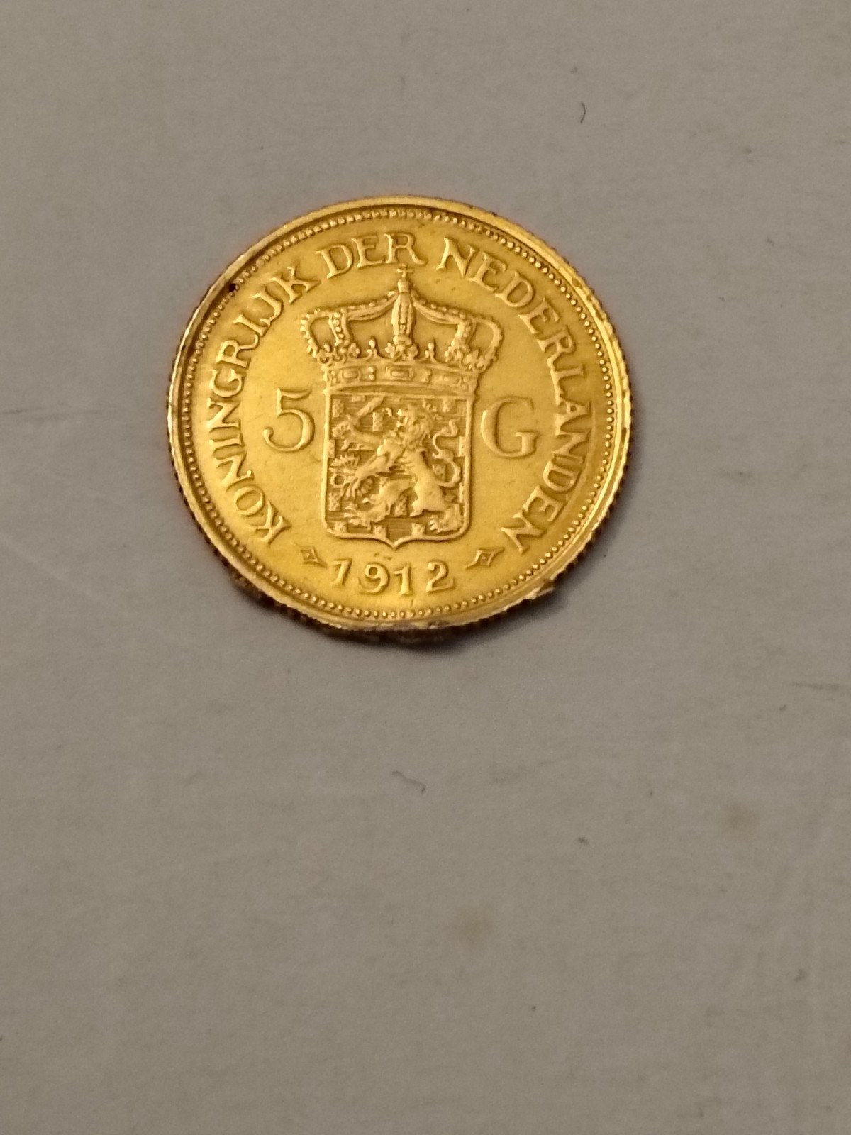 Gouden 5 gulden munt uit 1912 met gouden hanger, Ophalen, Koningin Wilhelmina, 5 gulden, Goud