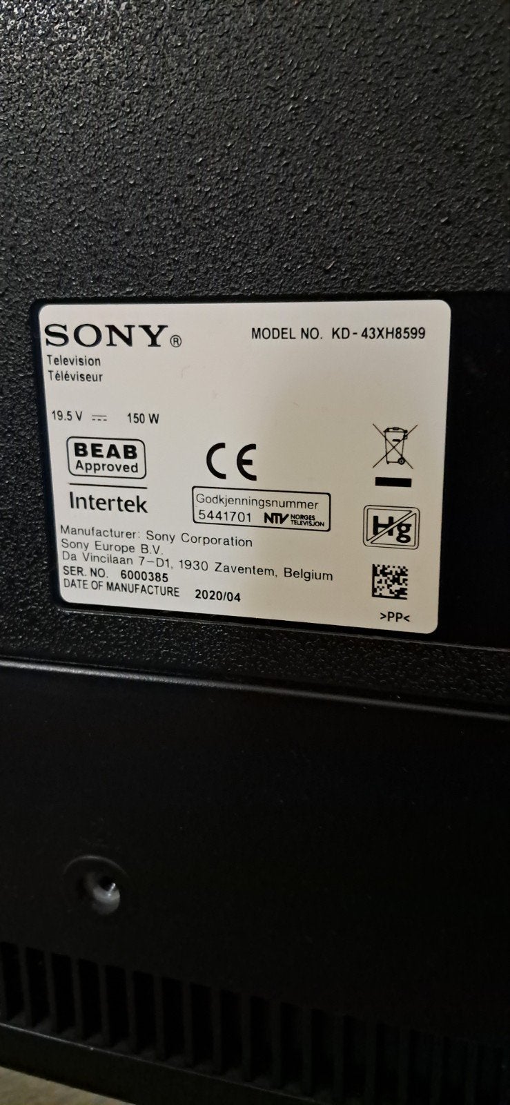 Sony KD-43XH8599 4K LED Smart TV - kapot, Ophalen, LED, 50 Hz, 4k (UHD)