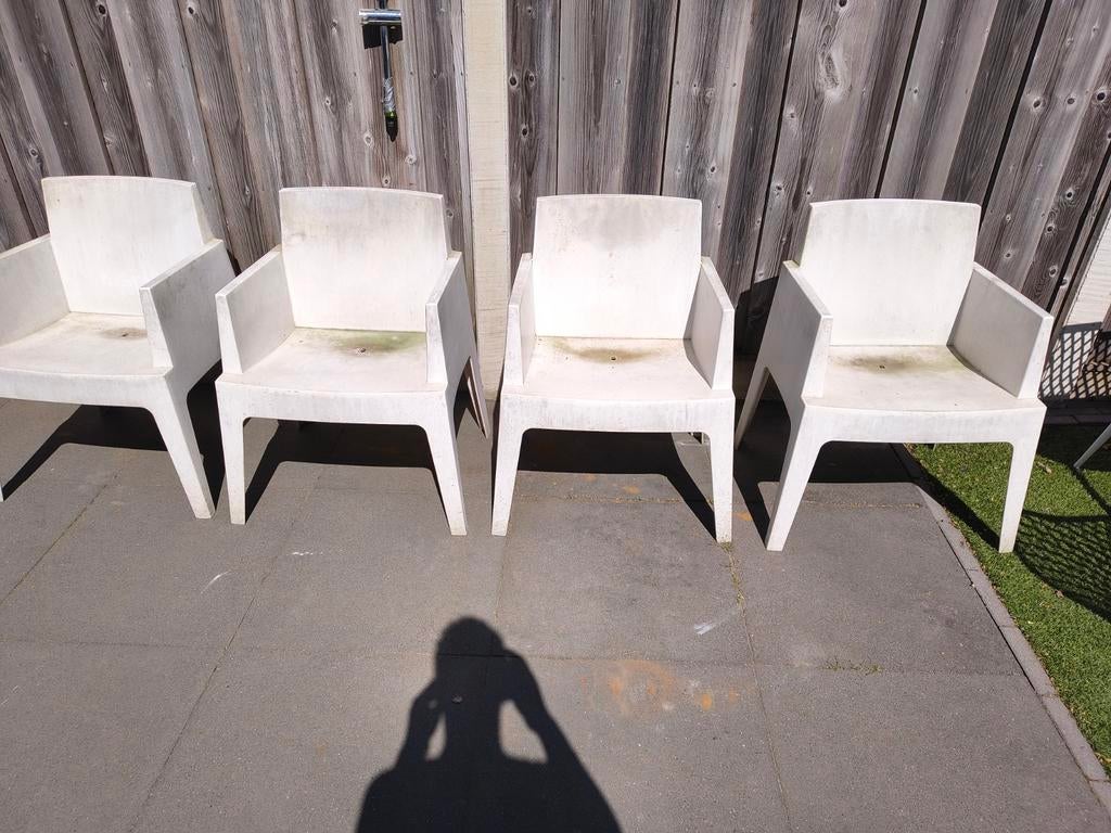 4 Witte Tuinstoelen - Gebruikt, Ophalen of Verzenden, Gebruikt, Kunststof, Stapelbaar