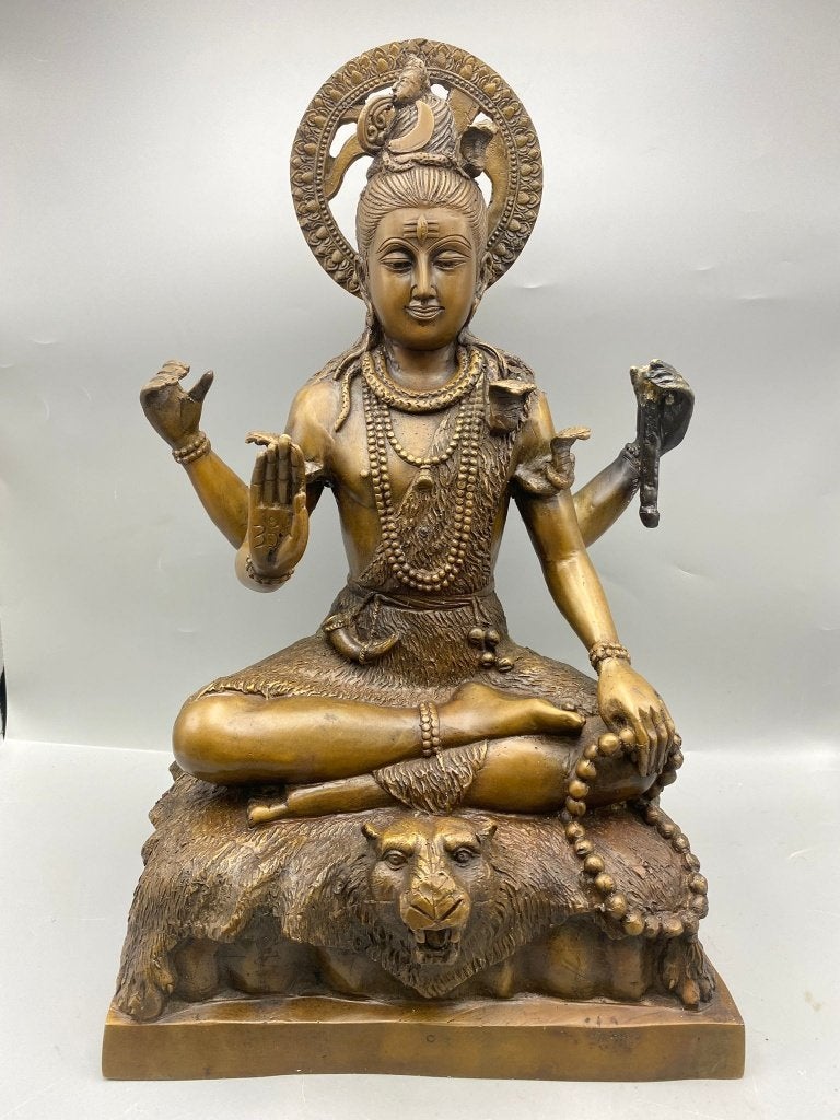 Massief bronzen Shiva op tijgervel beeld 44 cm 11,3 kg, Ophalen of Verzenden, Gebruikt, Beeld(je), Hindoeïsme