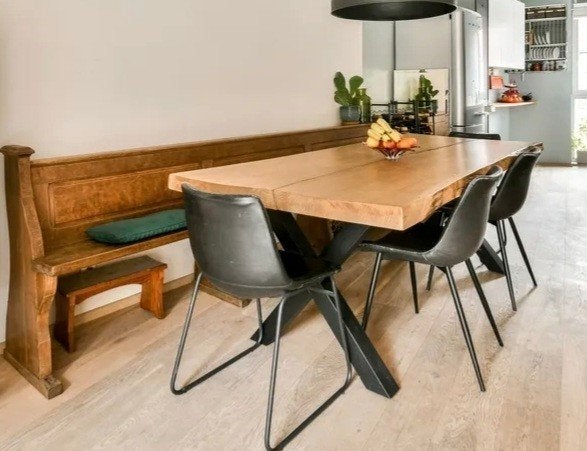 Massief eikenhouten eettafel met stalen X-poten (220x85cm), Huis en Inrichting, Tafels | Eettafels, Ophalen, Gebruikt, Eikenhout