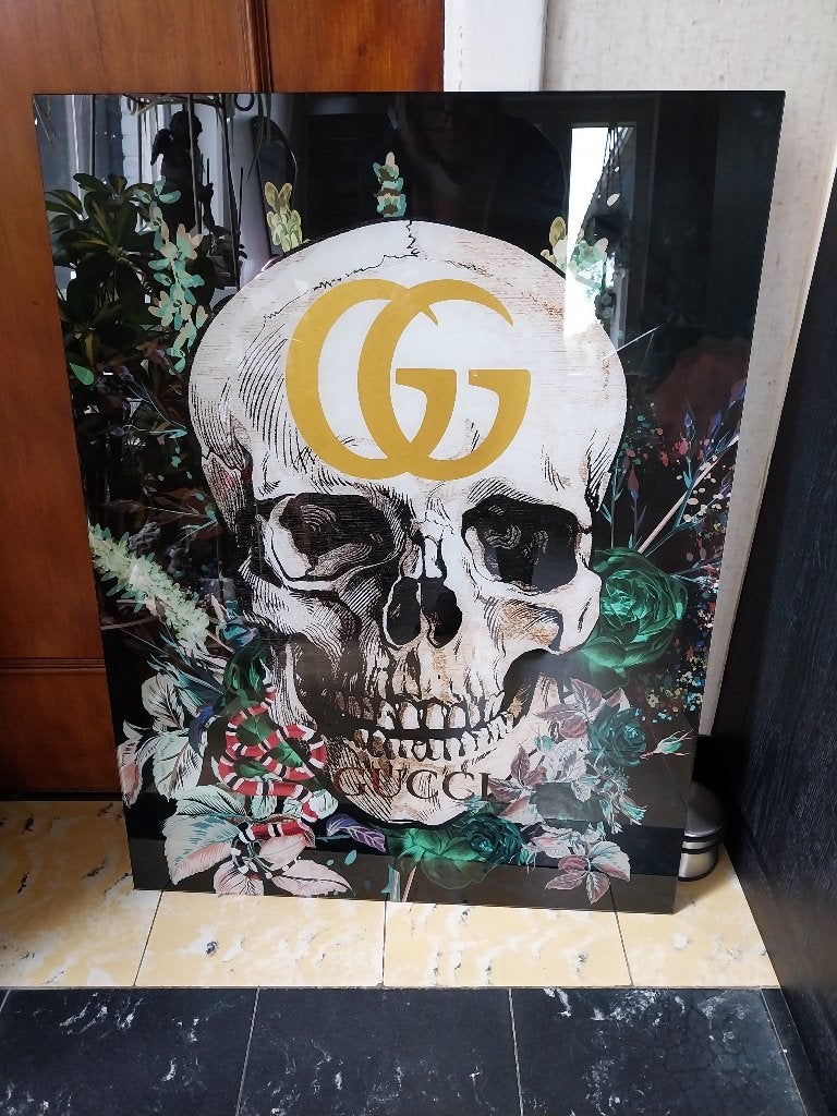 Glasschilderij " Gucci " Skull, Ophalen, 80 cm, 60 cm, Overige technieken