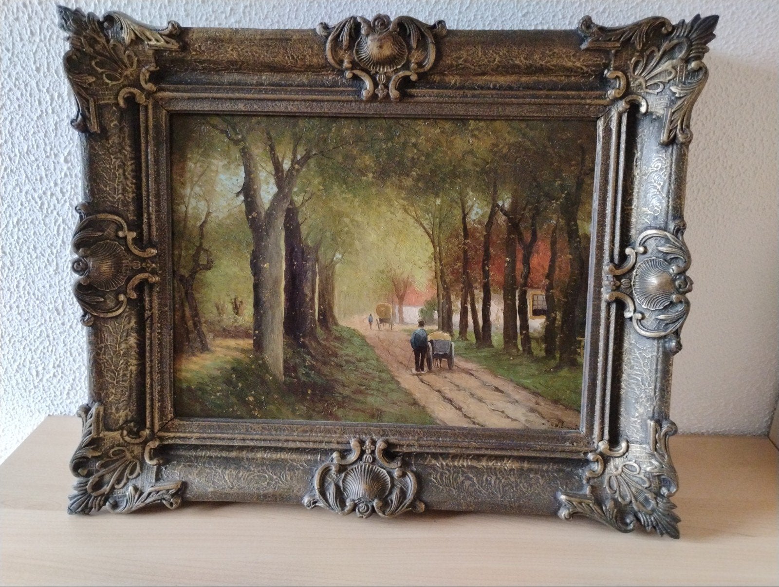 Olieverfschilderij op doek: Bosrijk landschap met figuren, Antiek en Kunst, Doek, Ophalen of Verzenden, Landschap, Olieverf