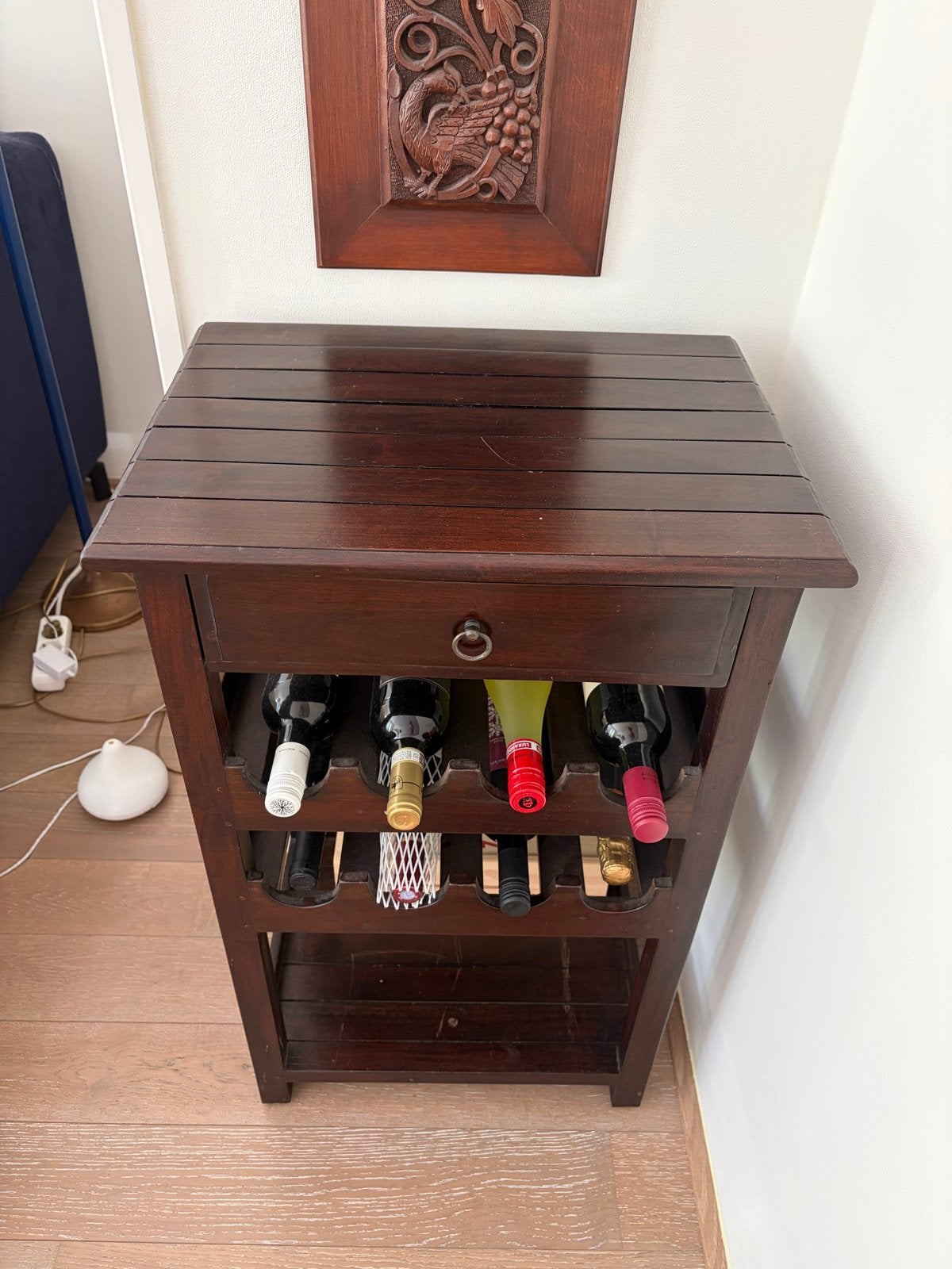 Houten wijnrek met lade - Donkerbruin, Ophalen, Gebruikt, 5 tot 15 flessen, 75 – 100