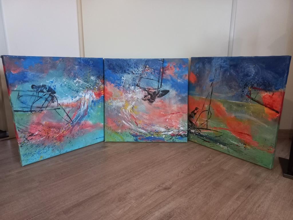 Drieluik Paul Franssen - Acryl op doek - Windsurfen, Antiek en Kunst, Ophalen