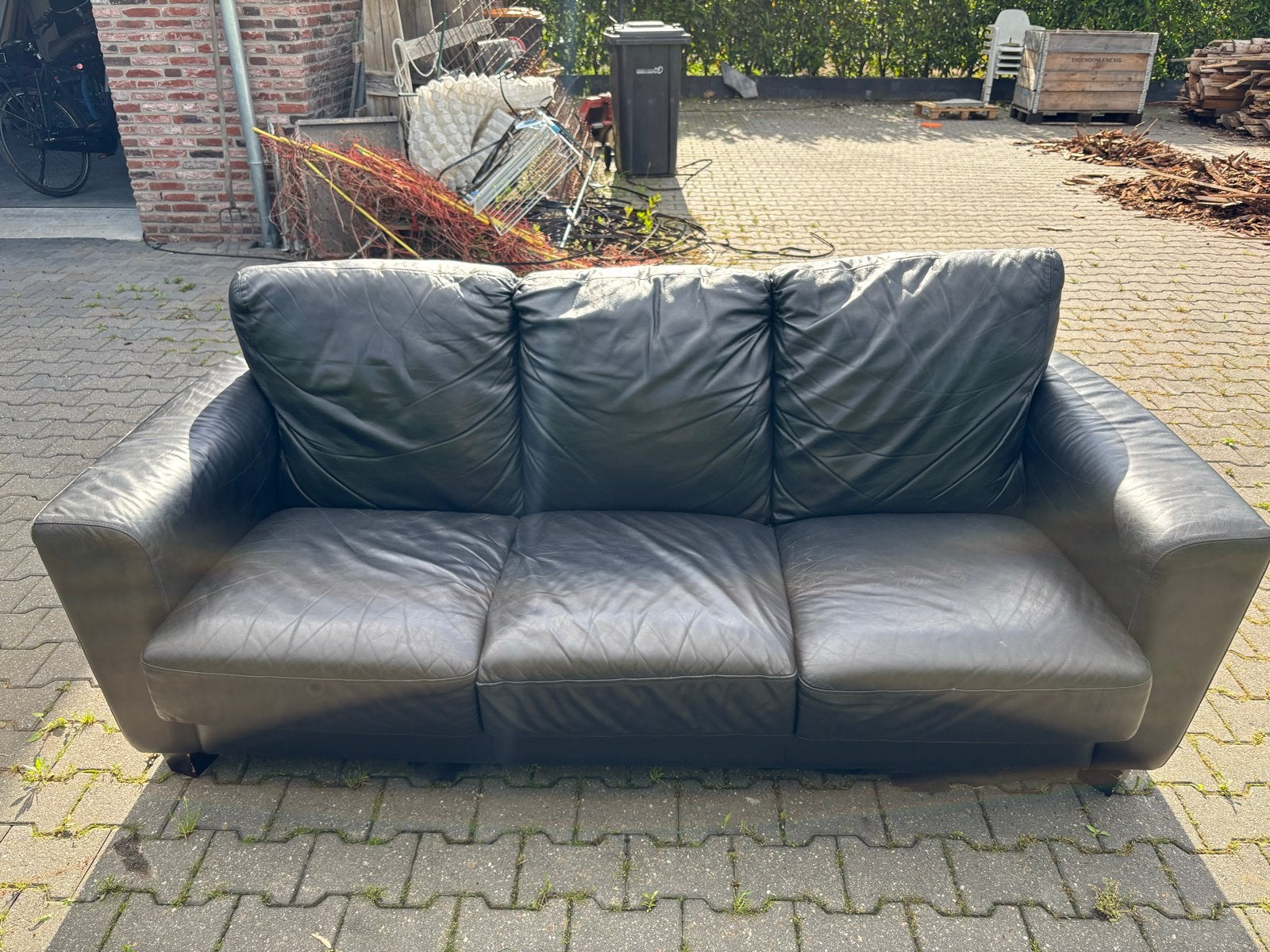Comfortabele 3-zits leren bank - zwart, Ophalen, Gebruikt, Driepersoons, Rechte bank