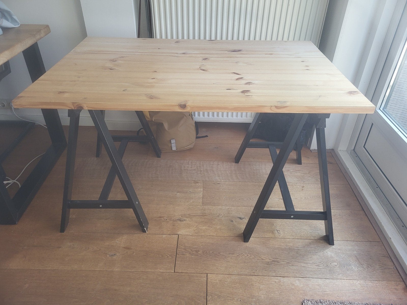 Grenen eettafel/bureau met schragen (IKEA), Grenenhout, Gebruikt, 100 tot 150 cm, Modern, Scandinavisch