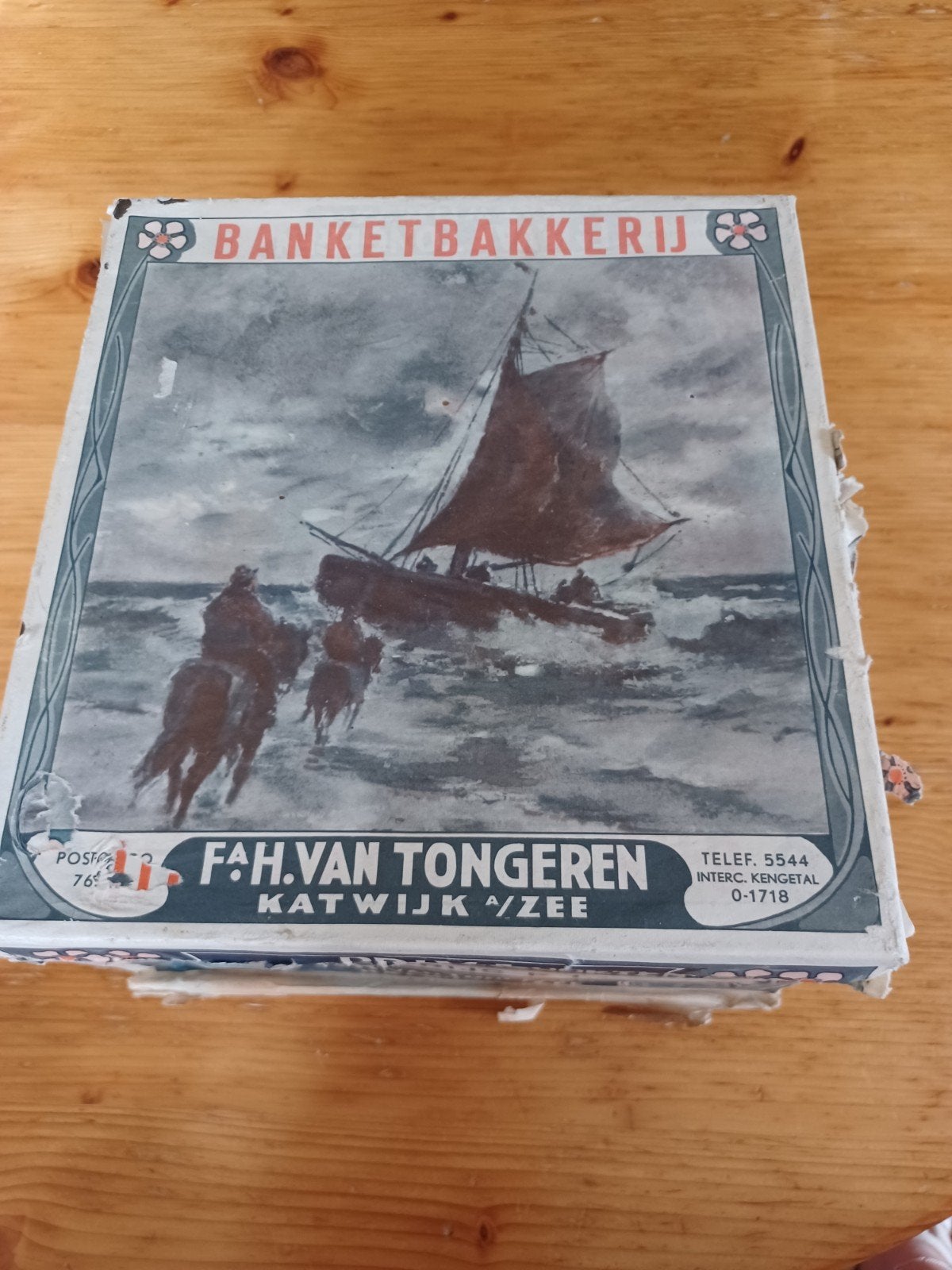 Antiek blik koekblik F.H. van Tongeren Katwijk aan Zee, Ophalen of Verzenden, Gebruikt, Koek(jes), Overige merken