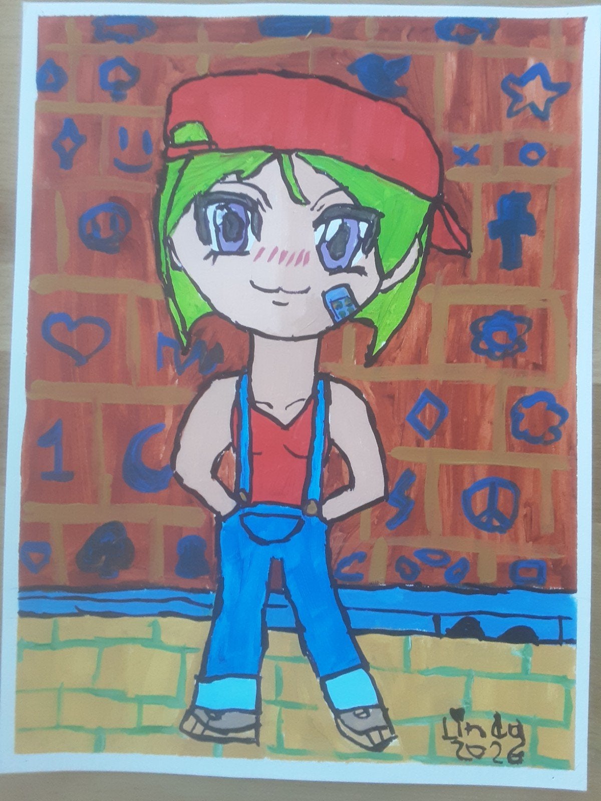 Schilderij 26: Anime-stijl figuur met pet, Papier/karton, Ophalen of Verzenden, Gesigneerd, Figuren