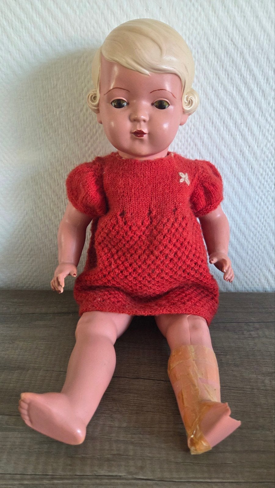 Vintage Schildkröt pop "Hans" (maat 45) met glazen ogen., Verzamelen, Ophalen of Verzenden, Gebruikt, Pop