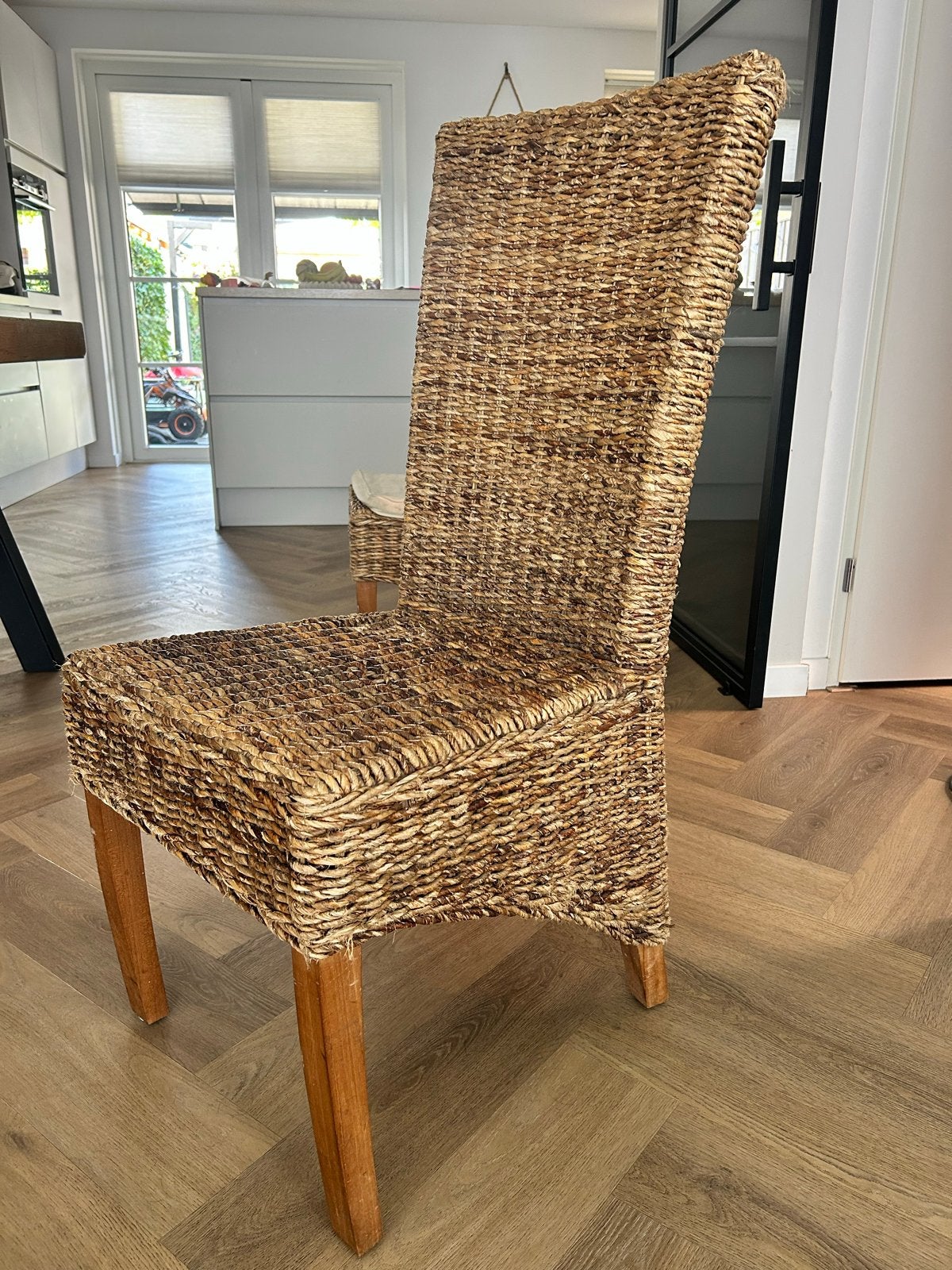 6 rieten eetkamerstoelen met kussentjes, Huis en Inrichting, Stoelen, Ophalen, Gebruikt, Bruin, Riet of Rotan