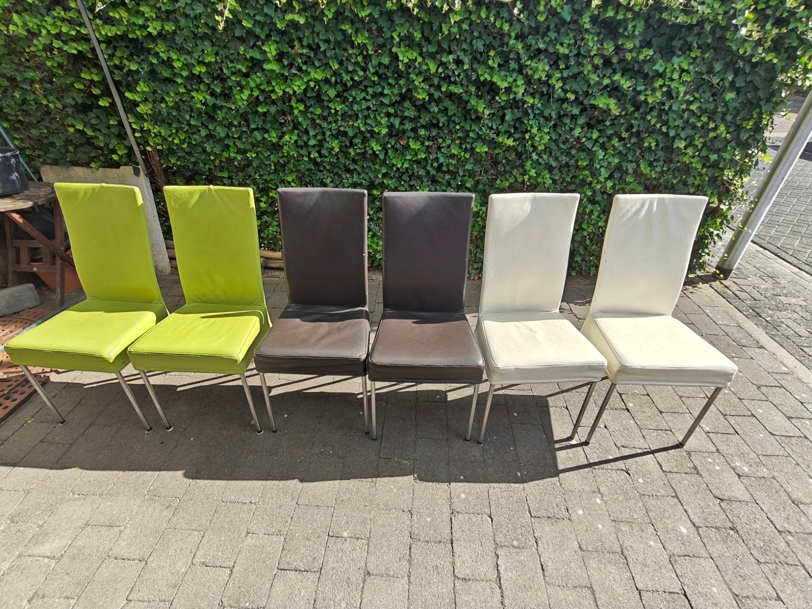 Bijna gratis - 6 leren eetkamerstoelen, Huis en Inrichting, Stoelen, Ophalen, Gebruikt, Overige kleuren, Modern