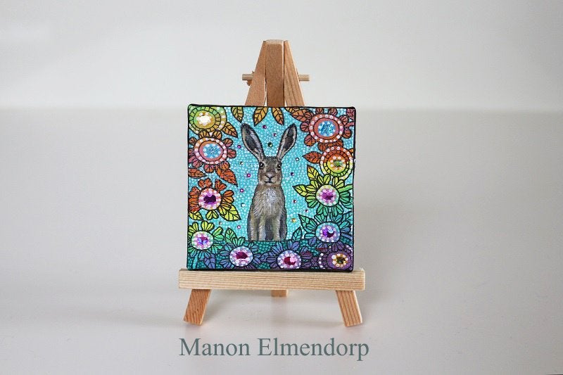 Uniek Handgeschilderd Schilderijtje incl Ezeltje Haas, Ophalen of Verzenden, Op houten frame, Acrylverf, Dieren