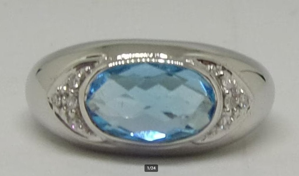 Massief witgouden ring met blauwe Topaas & Diamanten, mt 18, 18 tot 19, Nieuw, Met edelsteen, Dame