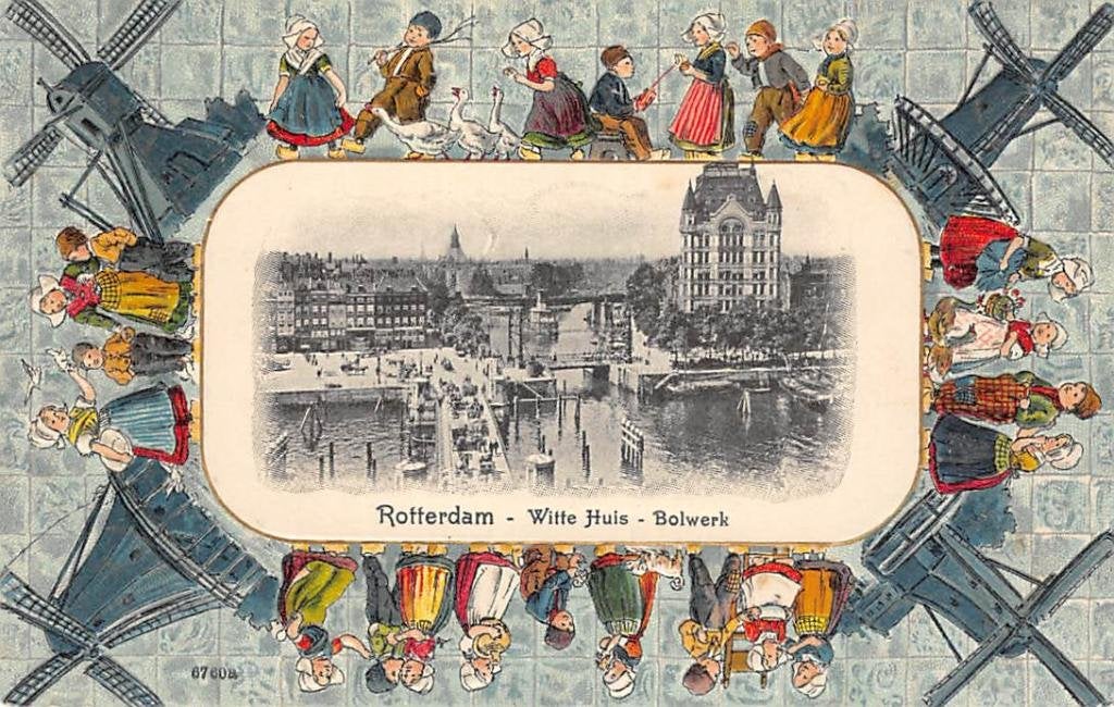 Rotterdam Witte Huis Bolwerk Reliëf Molens en klederdracht, Ophalen of Verzenden, Voor 1920, Gelopen, Zuid-Holland