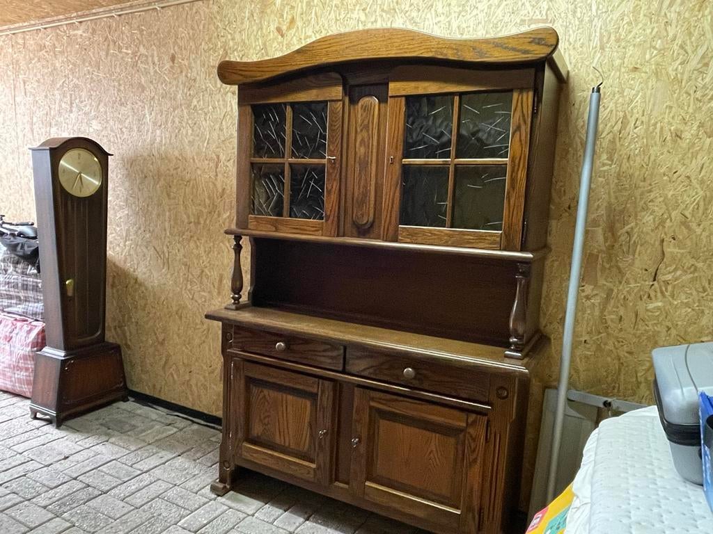Eiken houten buffet kast met glas en lades, Ophalen, Gebruikt, 100 tot 150 cm, Eikenhout