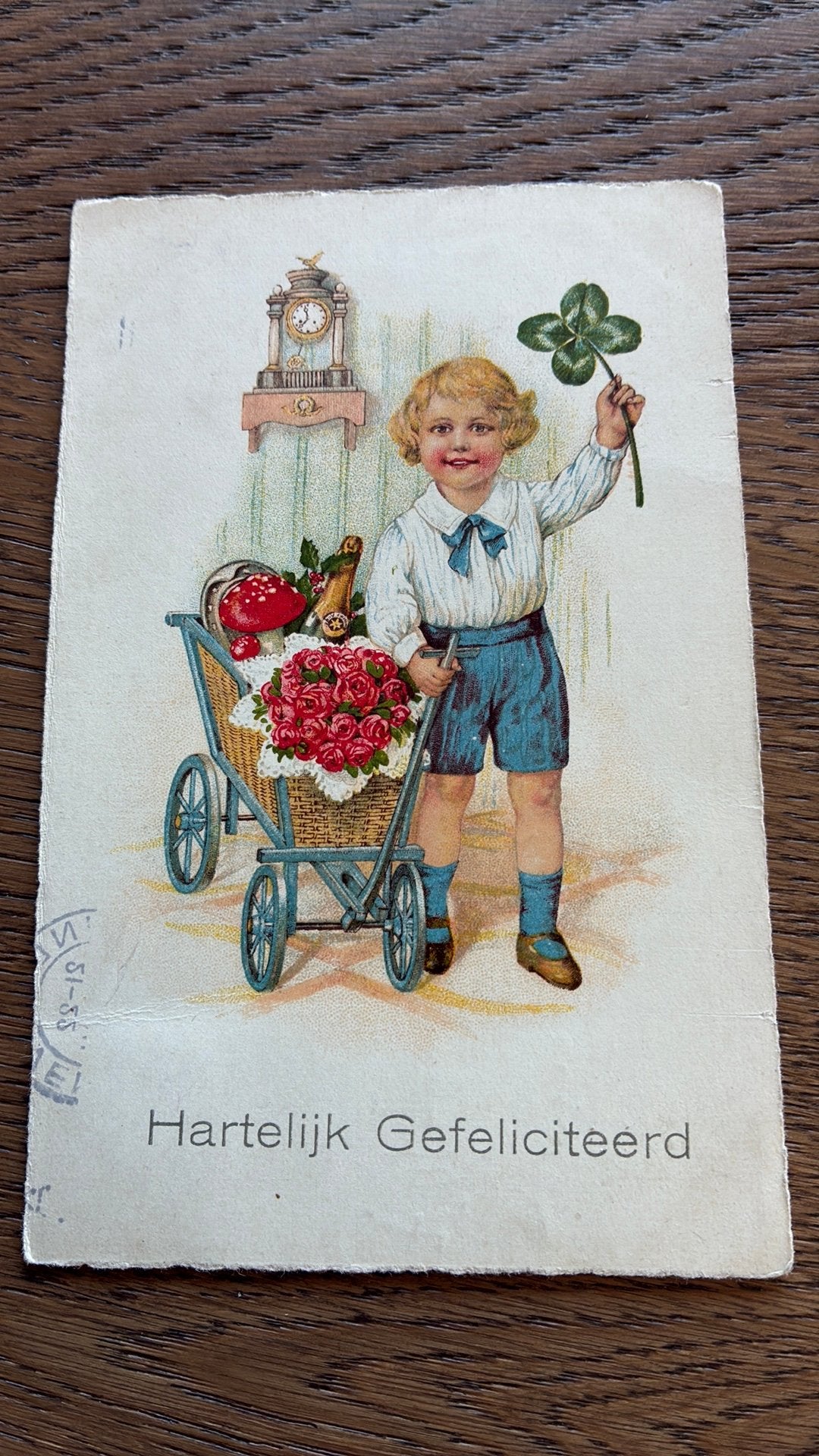 Gefeliciteerd. Trekkar, jongen met klaver, rozen, Ophalen of Verzenden, 1920 tot 1940, Gelopen, Kinderen