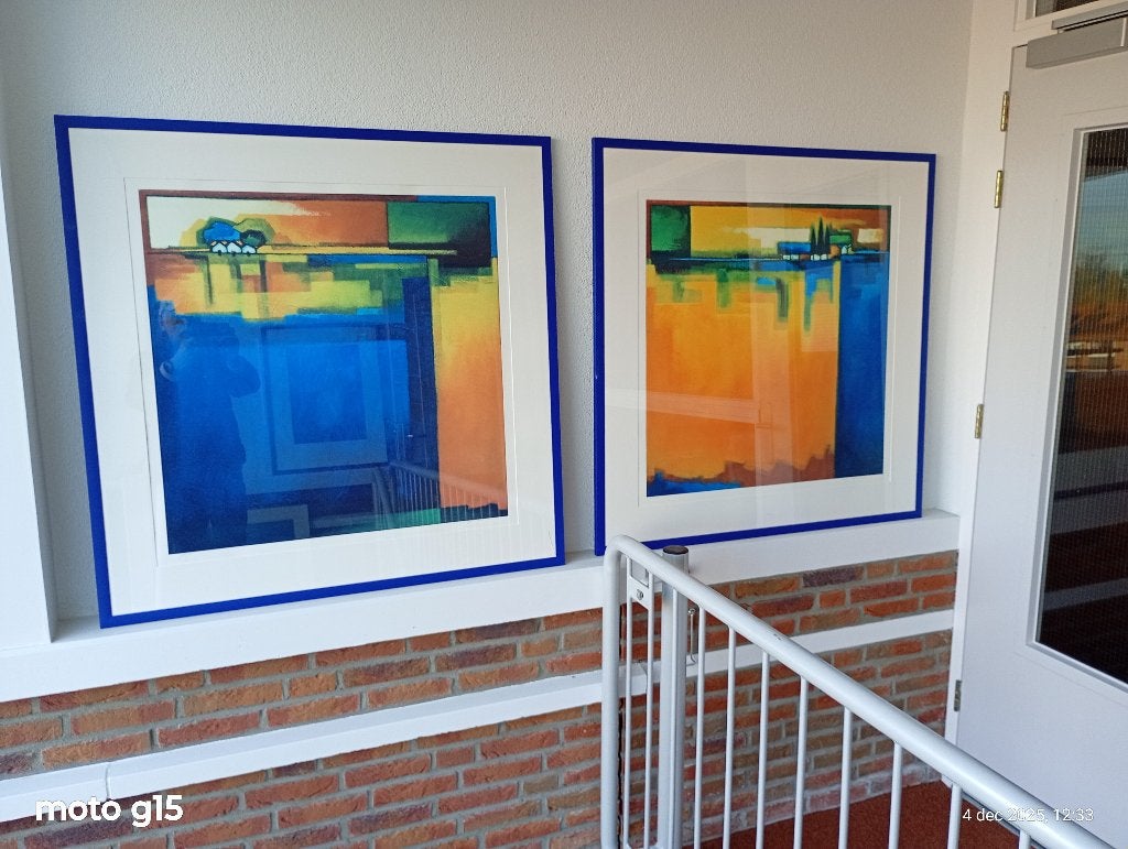 2 grote kleurrijke zomerse zeefdrukken van Maria Megens., Antiek en Kunst, Ophalen, Zeefdruk, Abstract