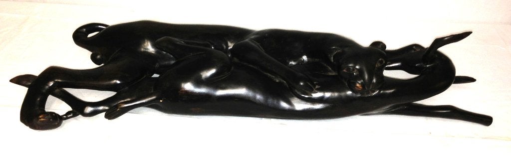 Zwart panter en hert sculptuur, houtsnijwerk, Antiek en Kunst, Houtsnijwerk, Zwart, Hout, Overige stijlen