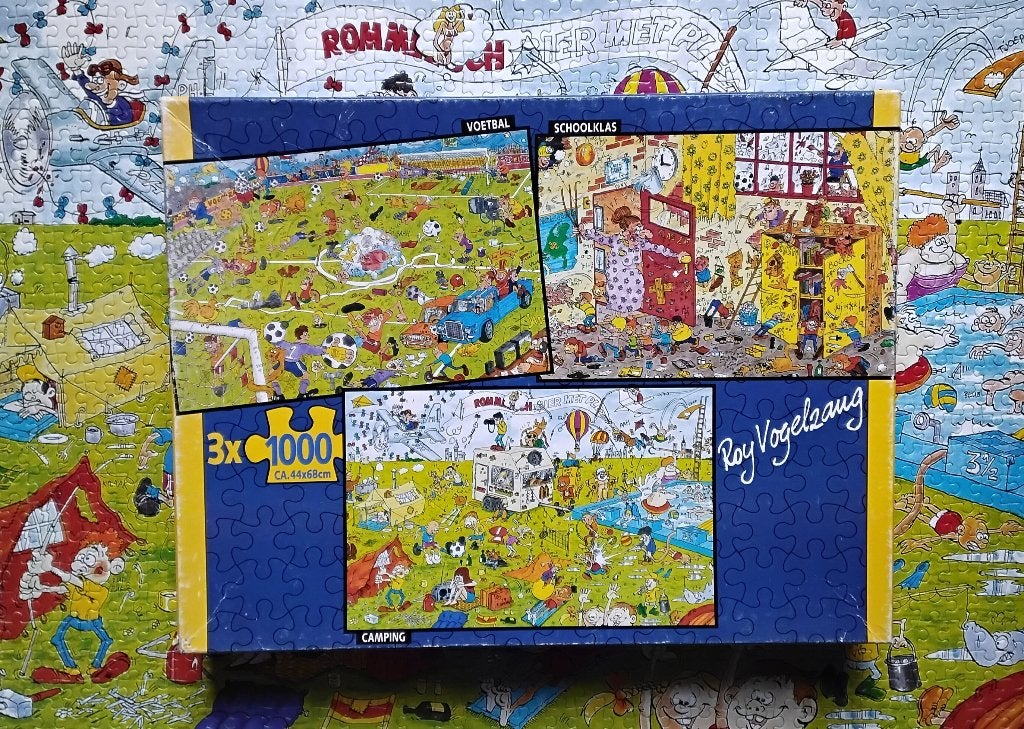 Puzzel Roy Vogelzang 'voetbal, schoolklas, camping' 3x 1000, Ophalen, Meer dan 1500 stukjes, Zo goed als nieuw, Legpuzzel