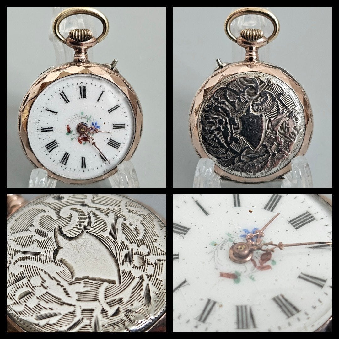 Antiek zilver,  deels verguld dames zakhorloge., Antiek en Kunst, Ophalen of Verzenden, Zilver