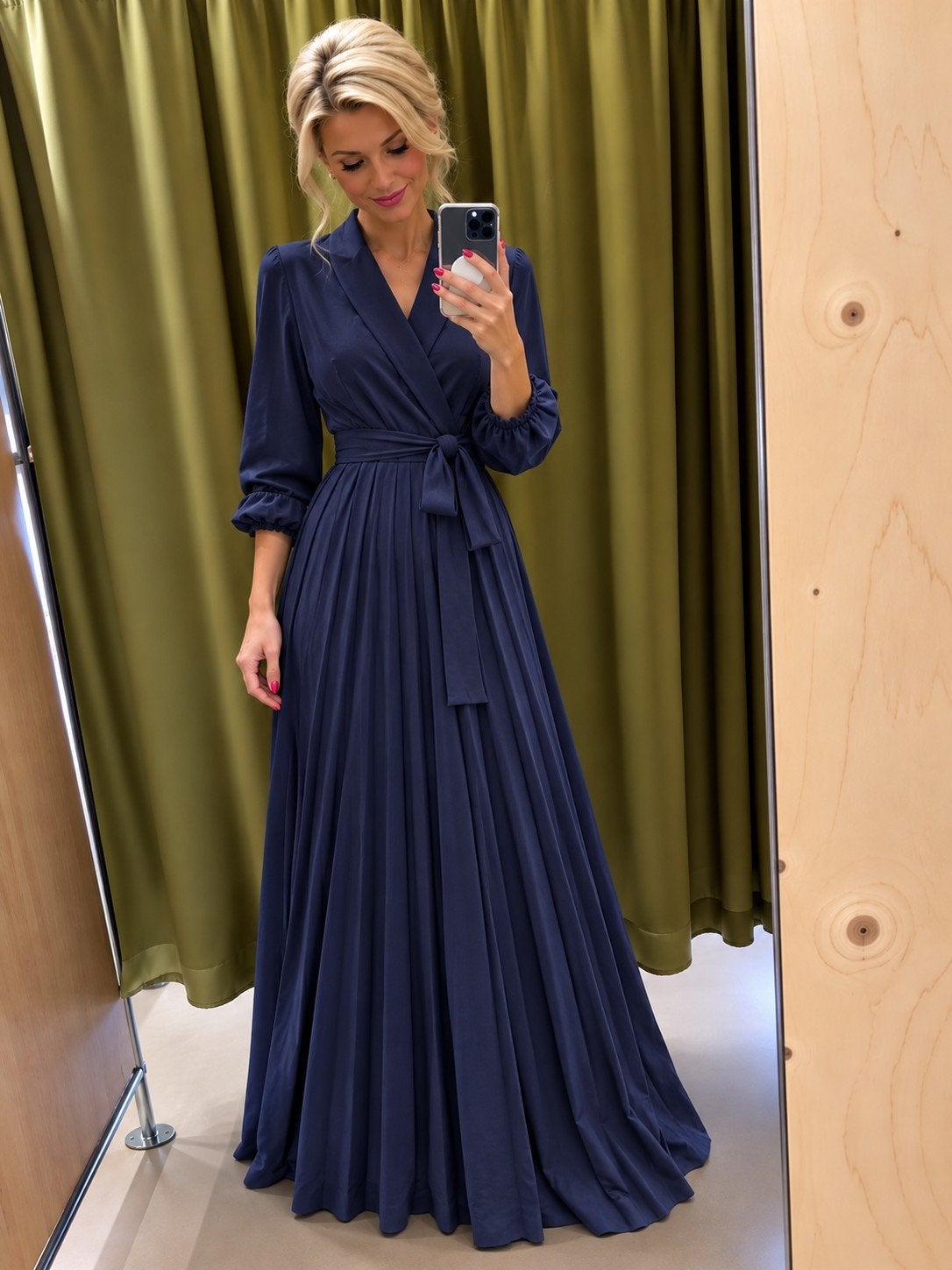 Donkerblauwe geplooide maxi jurk met strikceintuur, Maat 38/40 (M), Blauw, Nieuw, Ophalen of Verzenden