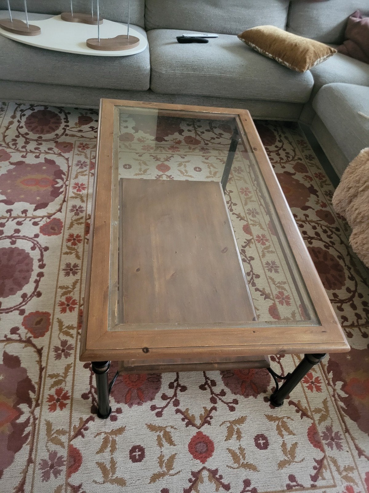 Salontafel met glasplaat en houten onderblad, Ophalen, 100 tot 150 cm, 50 tot 100 cm, Rechthoekig