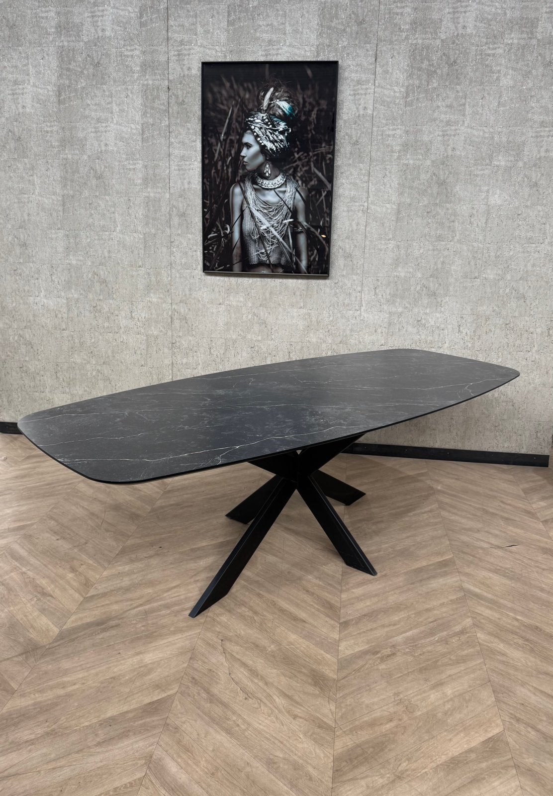 Deens ovale eettafel 240x100 HPL marmerlook *showroom, Kunststof, 200 cm of meer, Zo goed als nieuw, Vijf personen of meer