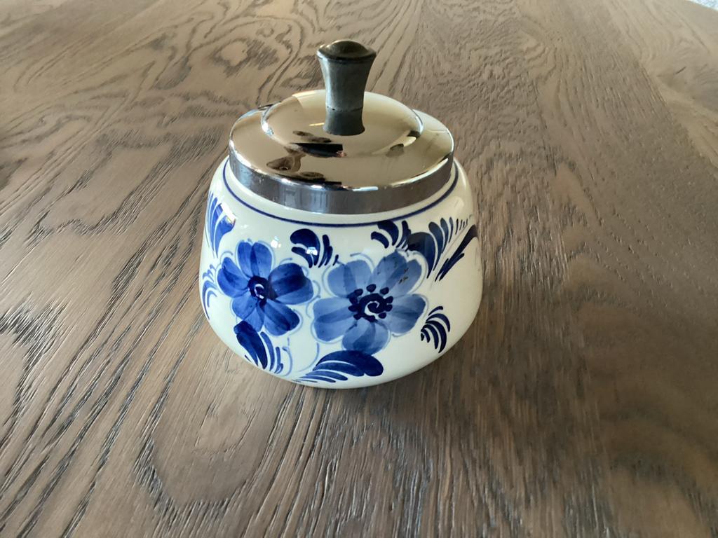 Delfts blauwe suikerpot met metalen deksel, Ophalen of Verzenden