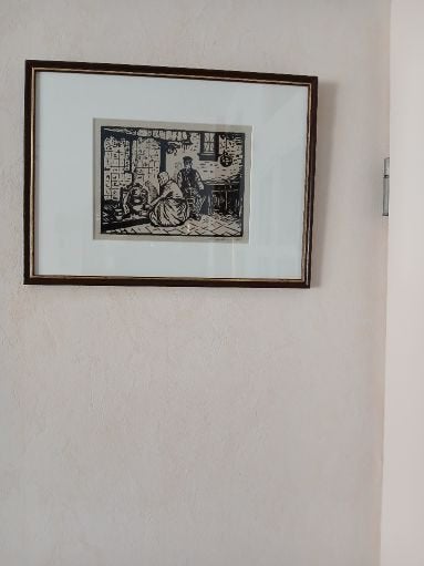 Mooie Lino- of Houtsnede van arm Boereninterieur,(adv.343), Ingelijst, Dagelijks leven, Ophalen of Verzenden, Houtsnede