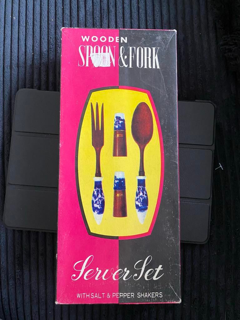 Vintage houten serveerset met zout- en pepervaatjes, Antiek en Kunst, Ophalen of Verzenden