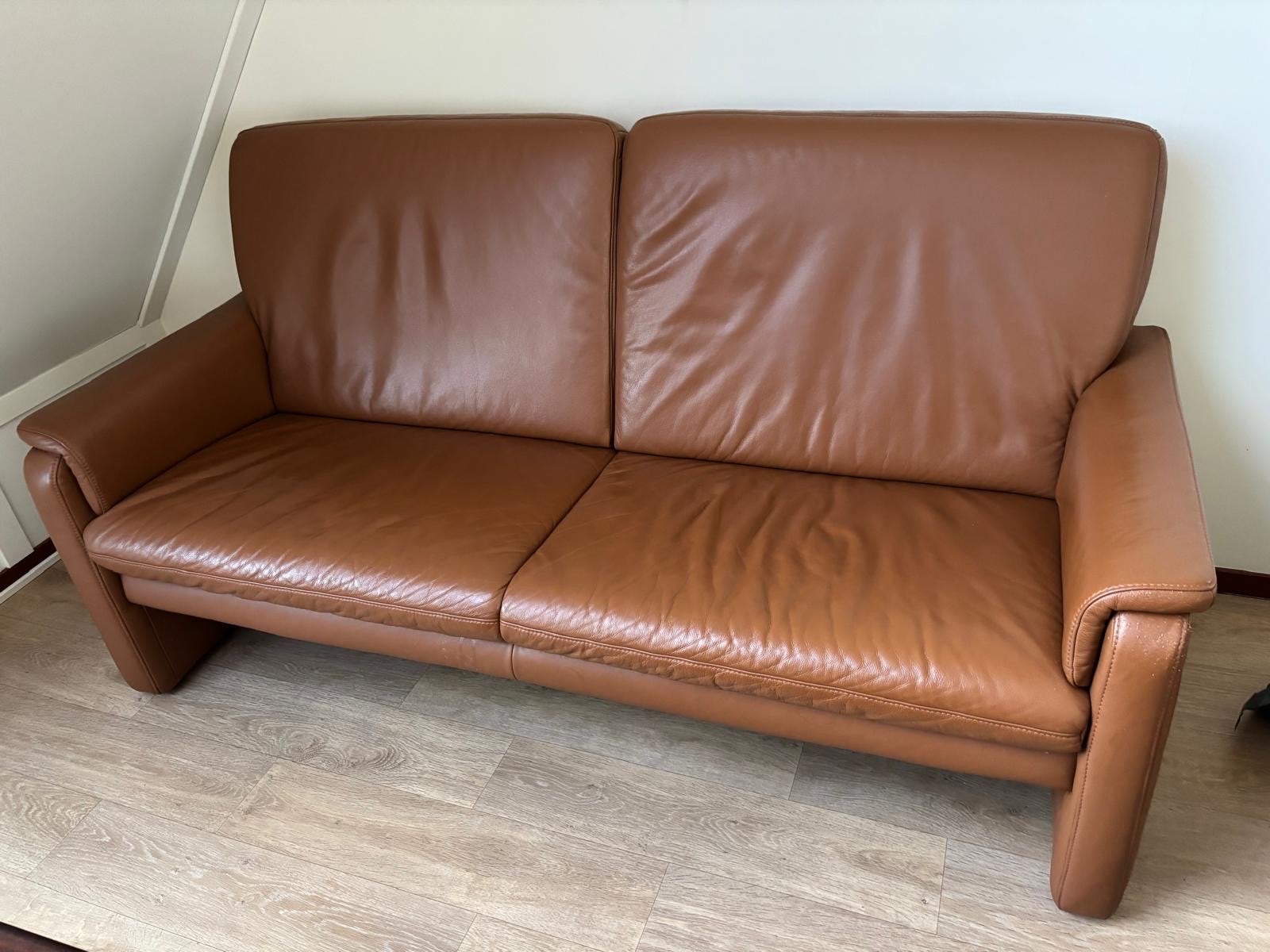 Comfortabele bruine leren bank - 2-zits, Ophalen, Gebruikt, 150 tot 200 cm, Tweepersoons