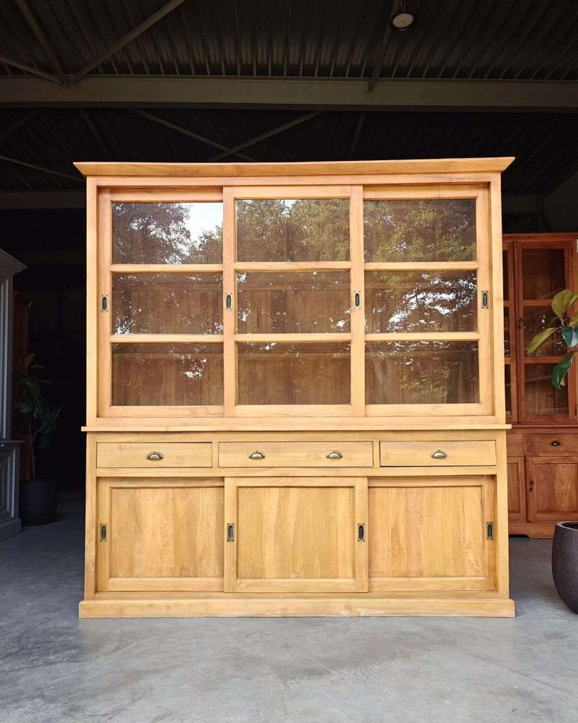 Prachtige grote vitrinekast | Servieskast teakhout #8058, Gebruikt, -, 200 cm of meer, -