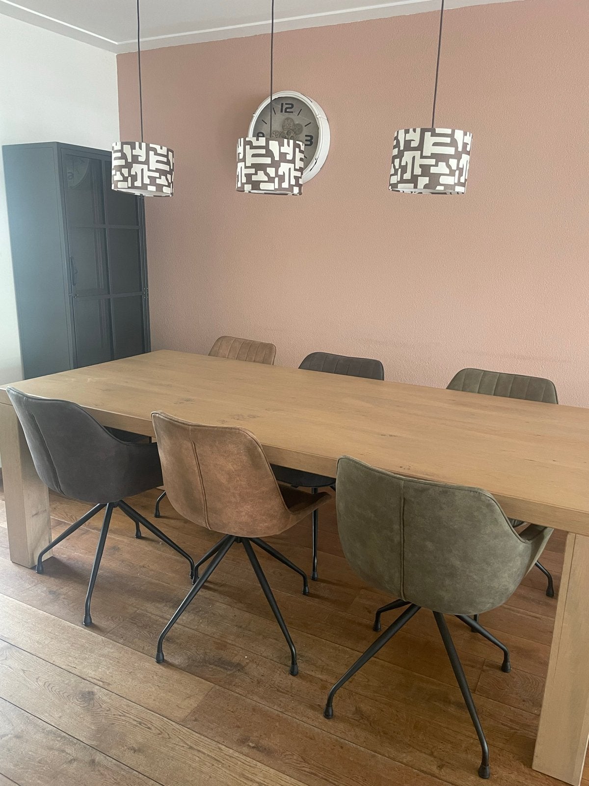 Massief eiken eettafel met 6 draaibare stoelen, Ophalen, Gebruikt, 100 tot 150 cm, Eikenhout
