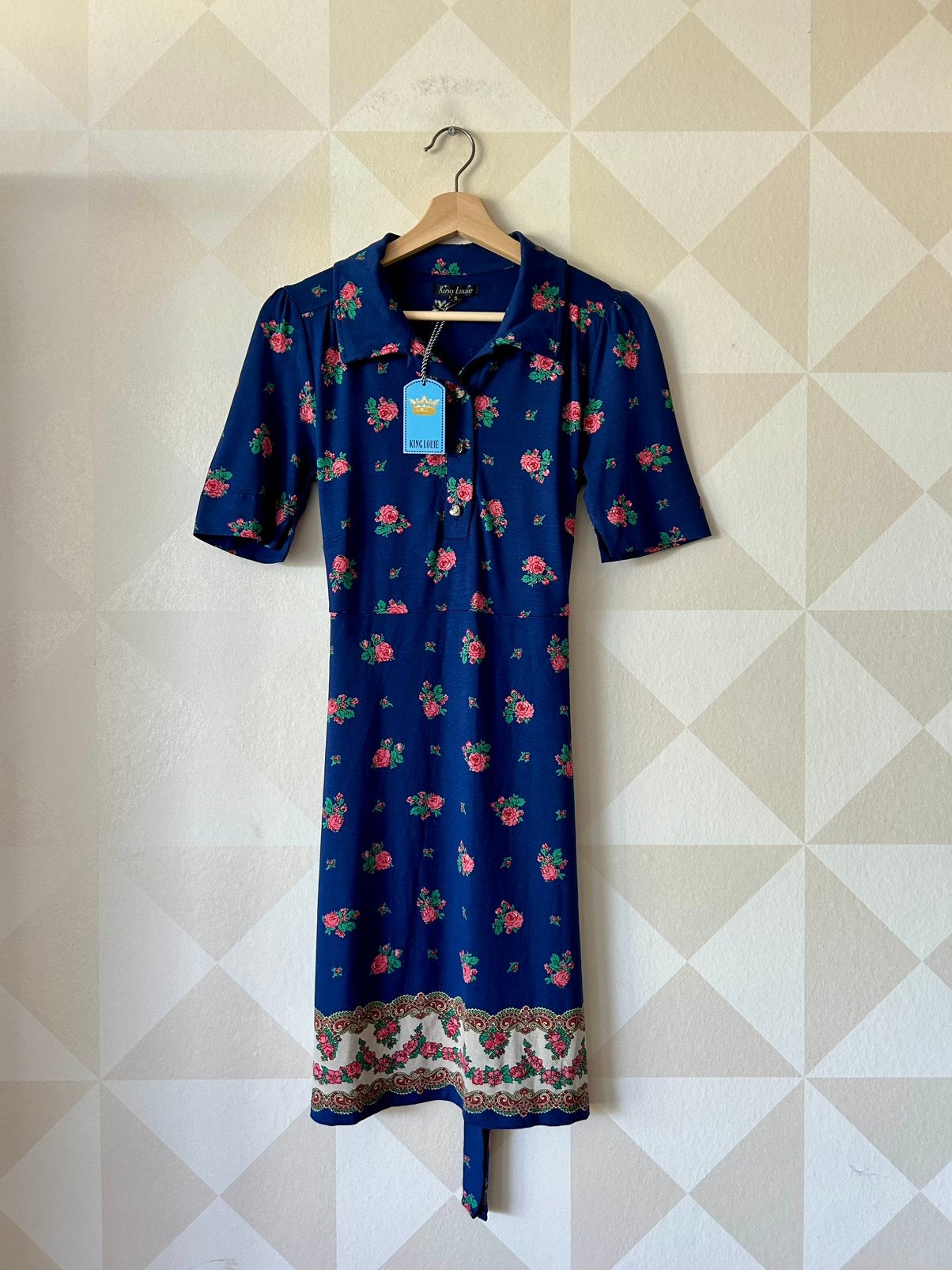 King Louie Polo Dress jurk vintage blauw roos S/36 NIEUW, Blauw, Nieuw, Ophalen of Verzenden, King Louie