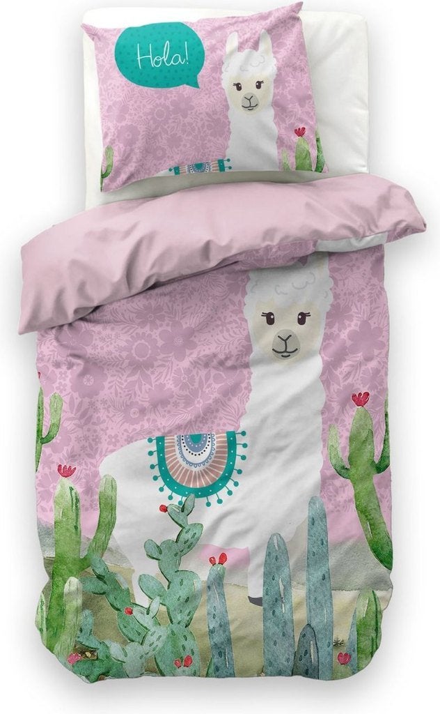 Dekbedovertrek Hola lama Roze 140 x 200/220, Overige merken, Dekbedovertrek, Nieuw, Ademend