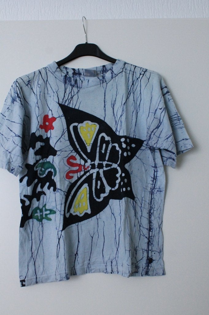 Blauw/grijs Chinees T-shirt met batik motief maat M, Maat 38/40 (M), Onbekend, Korte mouw, Gedragen