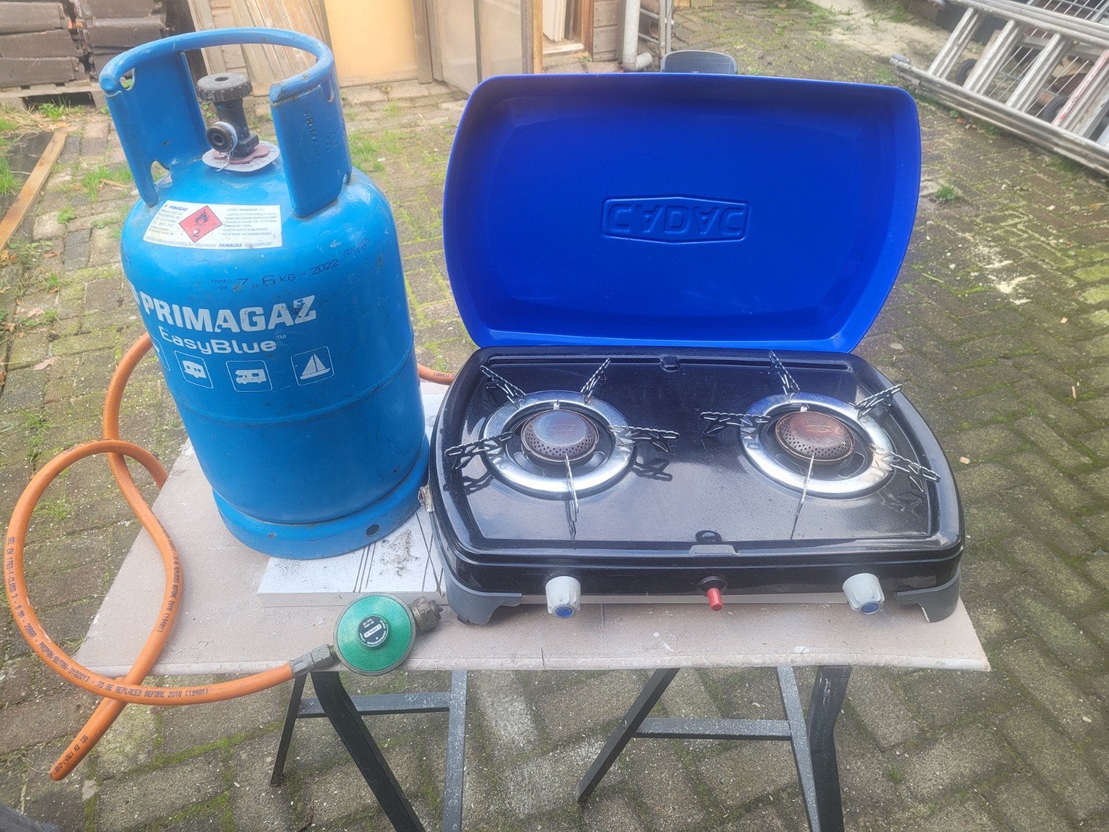 Cadac 2-pits gasfornuis + volle Primagaz EasyBlue gasfles, Cadac, Onbekend, Ophalen of Verzenden, Zo goed als nieuw