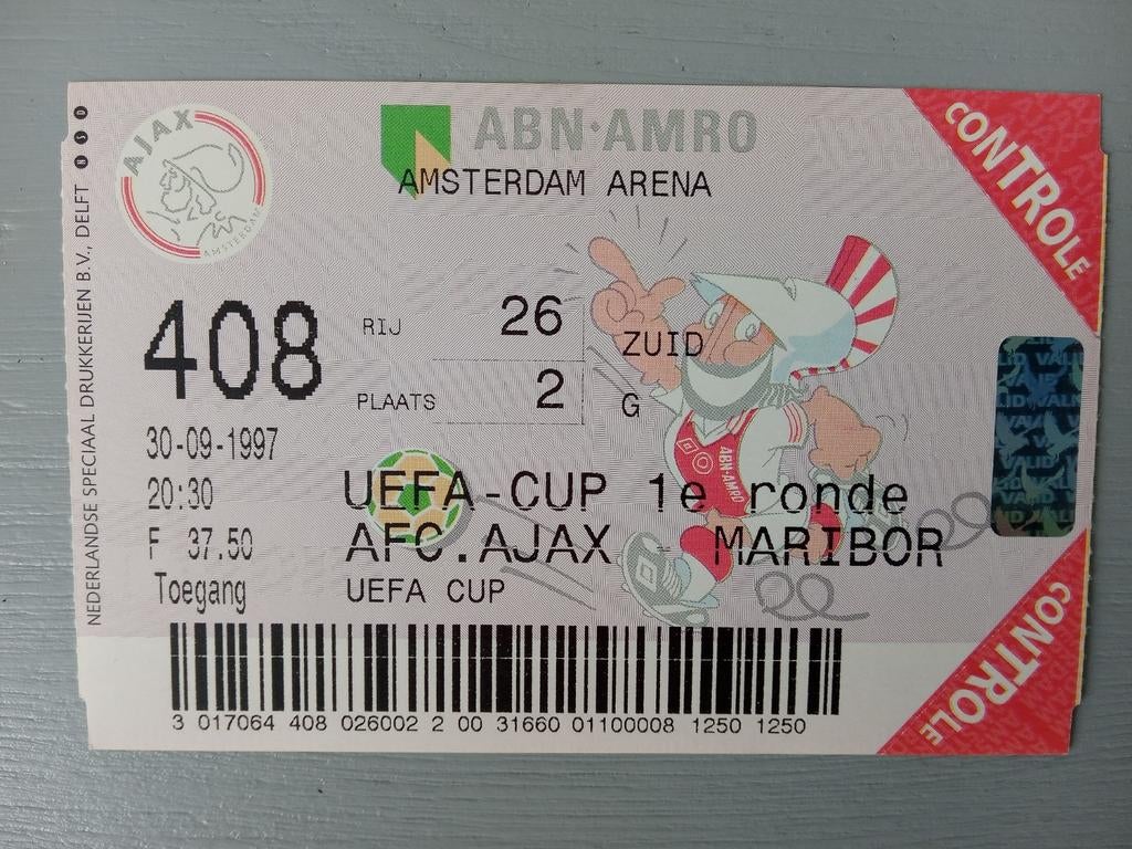 Ticket Ajax - Maribor 1997/98 Uefa cup, Ophalen of Verzenden, Zo goed als nieuw, Ajax, Overige typen