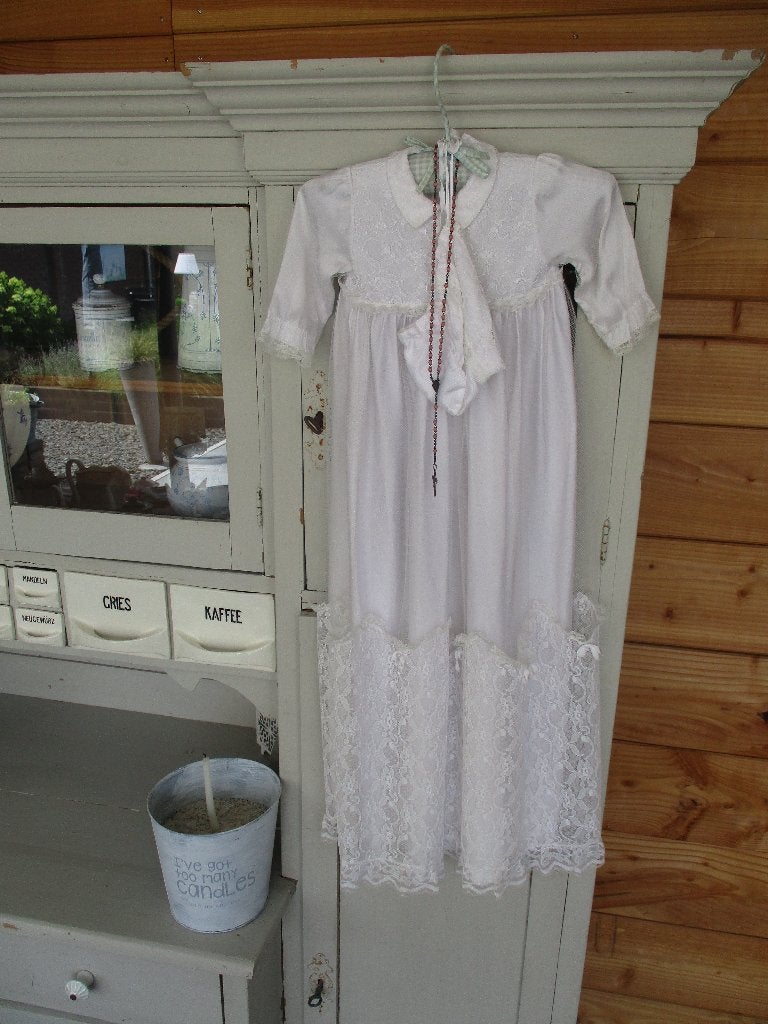 brocante vintage kanten jurkje / doopjurkje met mutsje, Ophalen of Verzenden